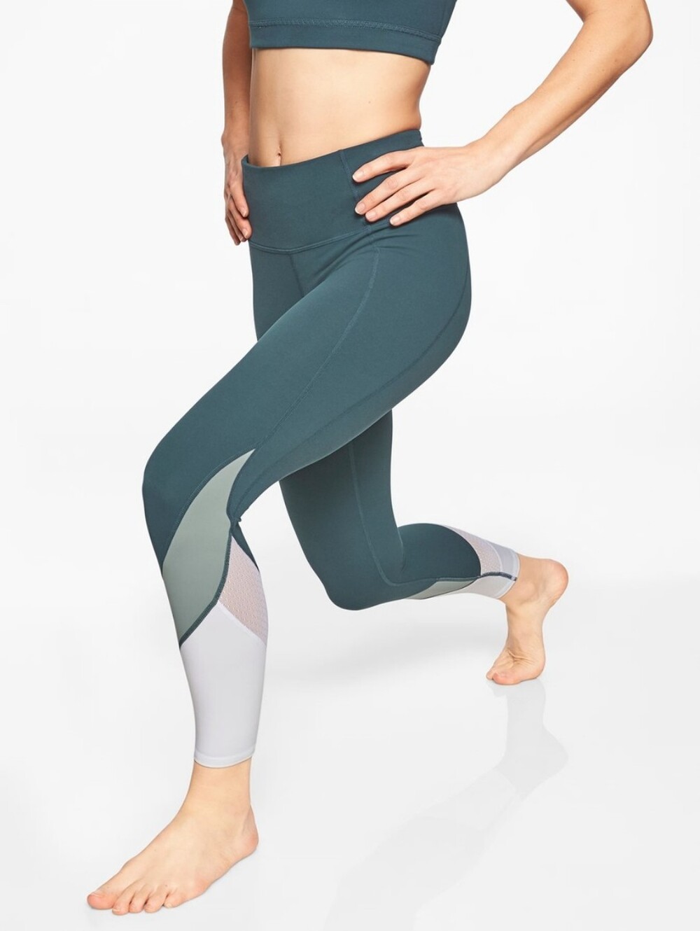 Athleta Salutation Green & White High Rise Color Block Mesh 7/8 Tight Leggings